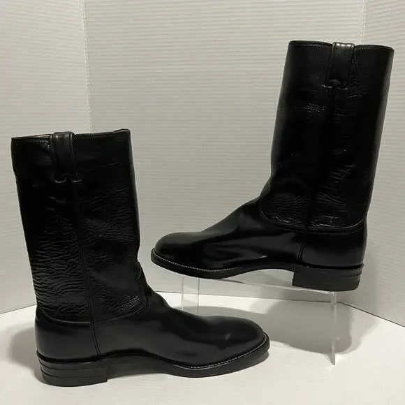 VINTAGE Justin 8462 Roper Black Calfskin Leather Cowboy Boots USA Mens 13D - NWT